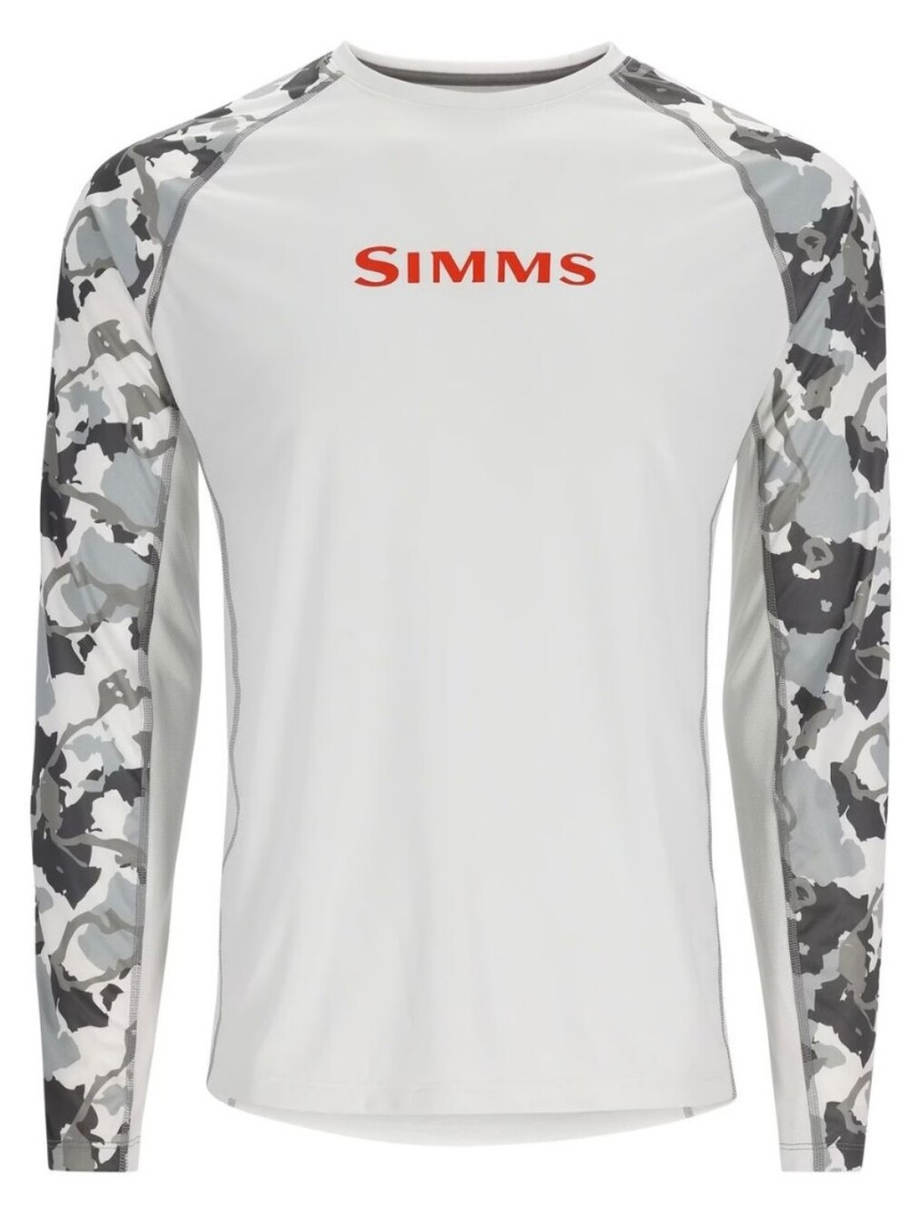 Simms Men's Rash Guard Crew — White Body with Gray Camo Sleeves